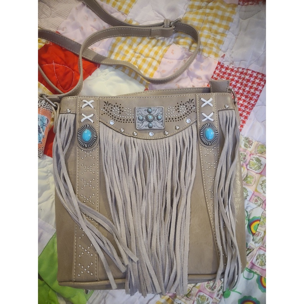 Johnson Creek Crossbody Bag Taupe Fringe Turquoise Concho Western Studded NWT